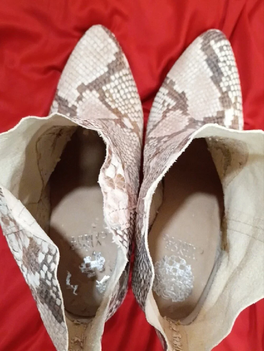 Vince Camuto Cream and Brown Snake-Print Pointed Ankle Booties